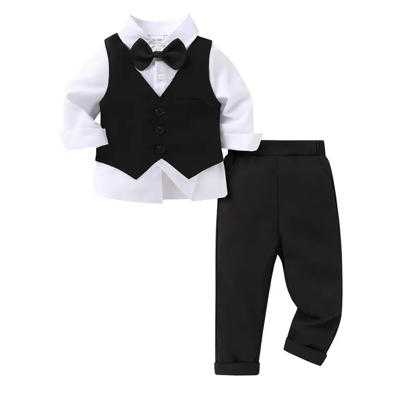 YOUNGER TREE Toddler Boy Clothing 4-Piece Gentleman Matching Set (0-3 Years) - Long Sleeve Polyester Blend Blazer with Bow Tie, Solid Colors Black Set, Machine Wash, Formal Wedding/Party Wear, All-Seasons Outfit