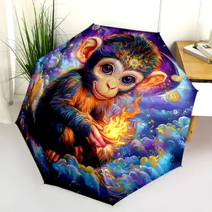 1 PC Automatic Folding Umbrella - Magical Monkey with Fire Pattern, Portable & Foldable Design with 8 Ribs, Merry Christmas Pattern,Casual Outdoor Accessory Halloween and Christmas Birthday Gifts. F0057