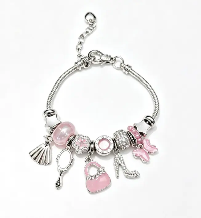 Silver Snake Chain Charm Bracelet, Pink Enamel Handbag High Heels Mirror Butterfly Beaded Bracelet, Sweet Fashion Jewelry Gift for Women Teen Girls