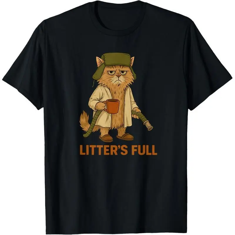 Casual Graphic T-Shirt with Funny 'Litter's Full' Cat Parody Print, Personalized Short Sleeve Tee for a Unique Vibe