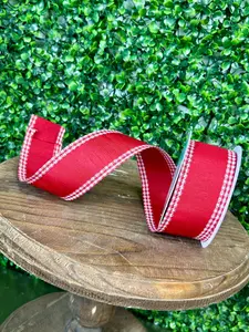 1.5 Inch By 10 Yard Red And White Faux Dupioni Mini Gingham Edge Ribbon