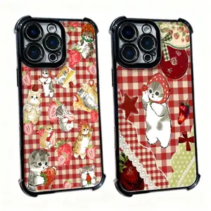 Mofusand Cute Cat Strawberry Red INS Phone Cases for iPhone 17 Pro Max Pro Air 16 Plus 15 14 13 12 11 Black Shockproof Cover Protection Gift
