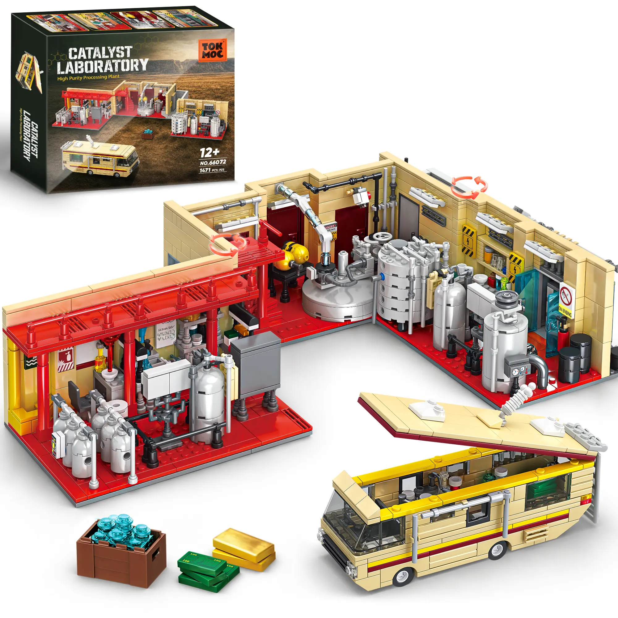 TOKMOC 1471 Piece Yellow Rvs Laboratory Building Set,Upgraded Yellow Lab & Camper Van Building Bricks,Classic Car Lab Set Building Toy Suitable for Birthday Gifts, Movie Fans Collectibles,For aged 12 and above,Stress relief toy,66072