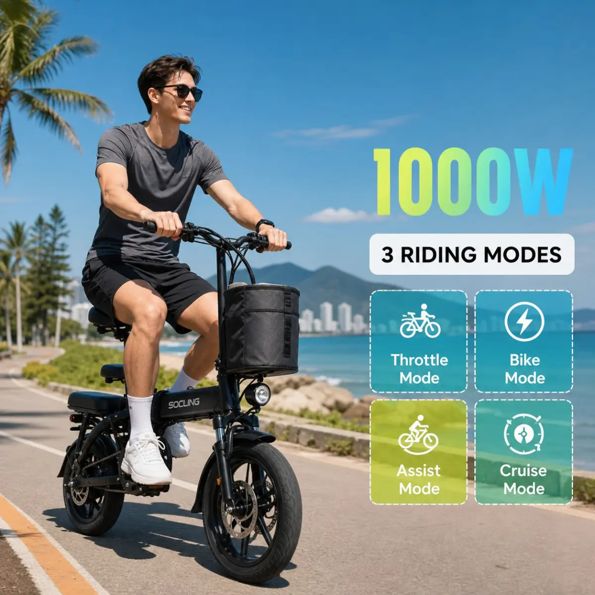 Folding Electric Bike - 1000W Motor, 48V 15Ah Battery, Dual Disc Brakes, 1-Seater Pair Capacity, High-Speed for Convenient Commuting, Compact Easy-Fold Design (Sports & Outdoor Cycling Equipment) gravel rear removable lithium handlebar extension
