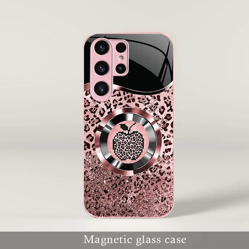 Trending “Affordable Luxury” Pink Glitter Mermaid Scale & Leopard Print MagSafe Glass Case for Galaxy S23 Ultra — 9435