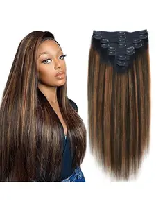 Cycle Clip Straight Human Hair Extension Set, 8 Pieces, 18 Clips, 120g, Real Human Hair, Chocolate Gradual to