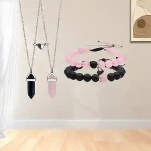 4 Pcs Set Magnetic Couple Matching Split Sun and Moon Necklace Heart Necklace --2 Pcs Magnetic Couples Bracelets And 2 Pcs Necklace