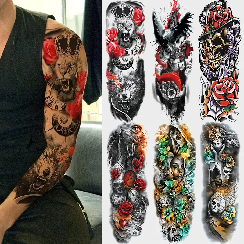 6-Piece Temporary Tattoo Set, Fake Tattoo, Realistic Skull Lion Wolf Rose Fantasy Designs, Waterproof Body Art Stickers for Men Women