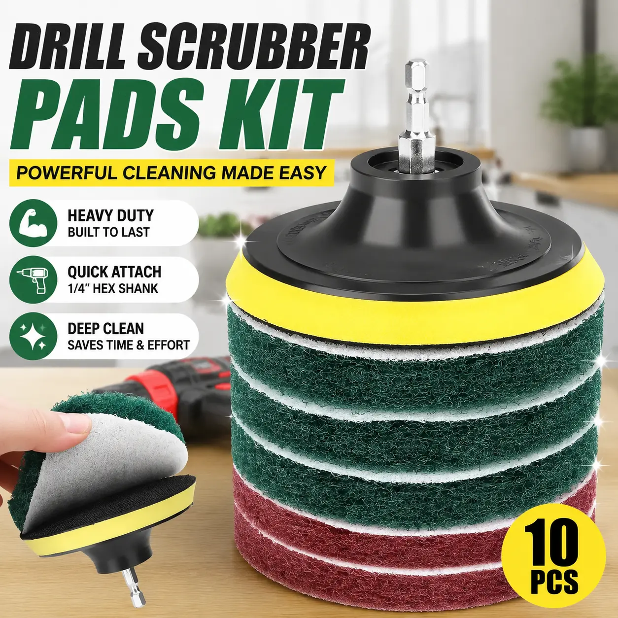 8PCS Drill Scrubber Pads Kit, Power Scrubber Drill Attachment with 1/4" Hex Shank Hook & Loop Scouring Pads for Tile, Tub, Kitchen, Car Cleaning