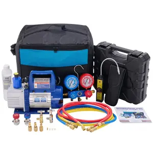 110V 1/3 HP 4CFM Single Stage Vacuum Pump Kit with R134a Manifold Gauge Set, Leak Detector, 1/4" Hoses & Carry Bag for HVAC AC Refrigeration, ETL Listed (Blue)