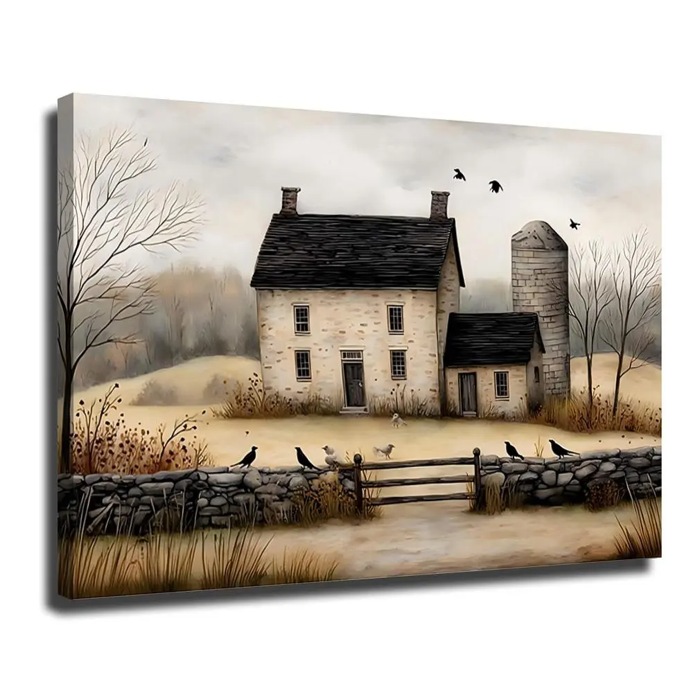 Farmhouse Scene with Birds Rustic Wall Art for Living Room Bedroom Home Decor Gallery Wrapped Canvas Prints Modern Farmhouse Style