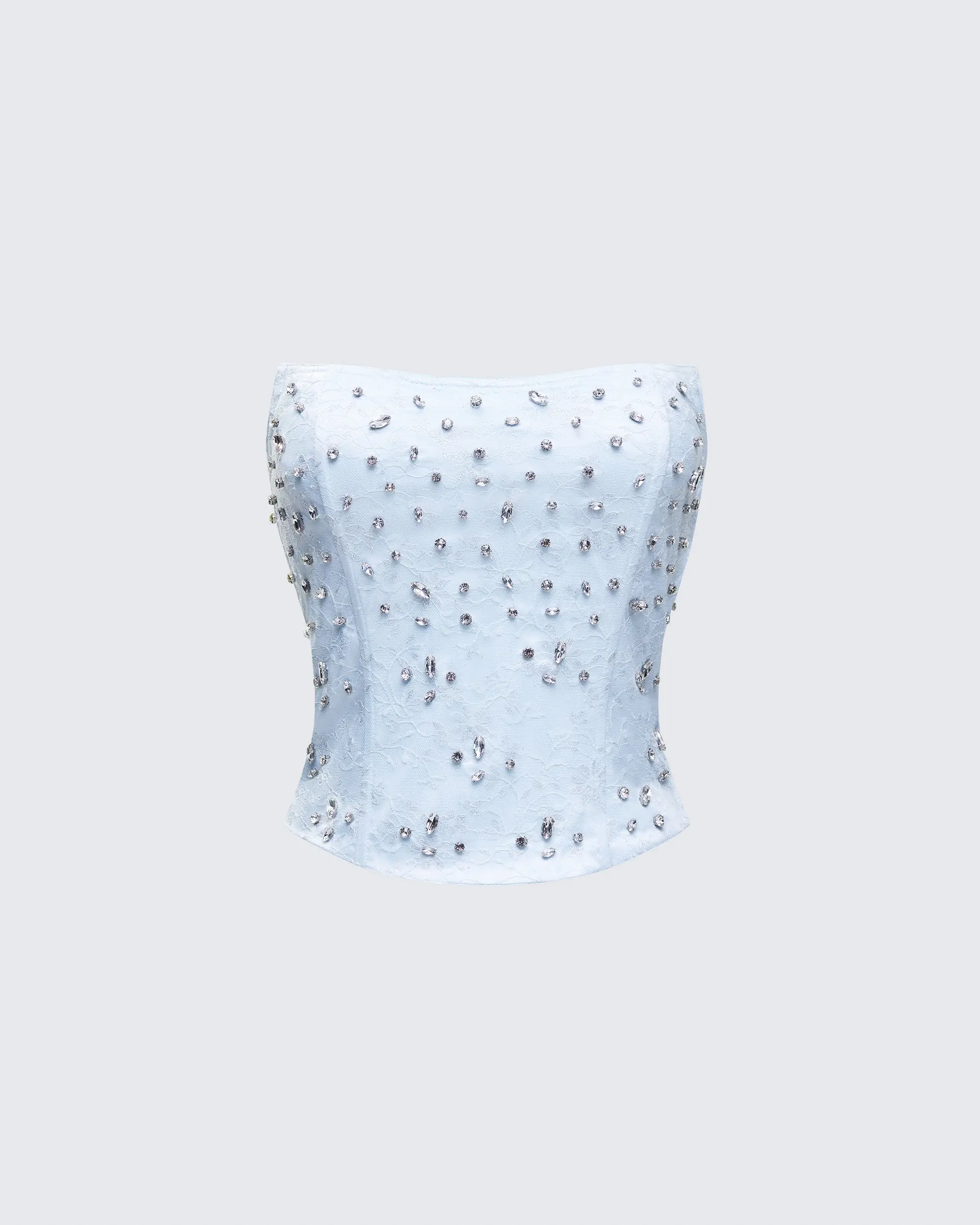 Women's Amielle Baby Blue Hand-Beaded Polyester Bustier Top - Silver Accents, Fabric for Prom Events