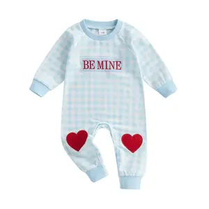 SPRIFALLBABY Baby Valentine Romper Casual Letter Embroidery Plaid Long Sleeve Jumpsuit for Newborn Toddler Girl Boy Cute Clothes