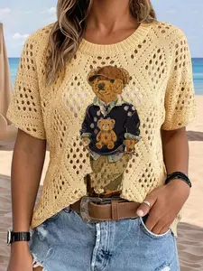 Women's Elegant Cartoon Animal Gentleman Bear Print Round Neck Short Sleeve Knit Sweater, Casual Versatile Knitted Top, Comfortable Breathable Knitwear, Knitted Clothes, Womenswear, Casual Fashion Knit, Lady