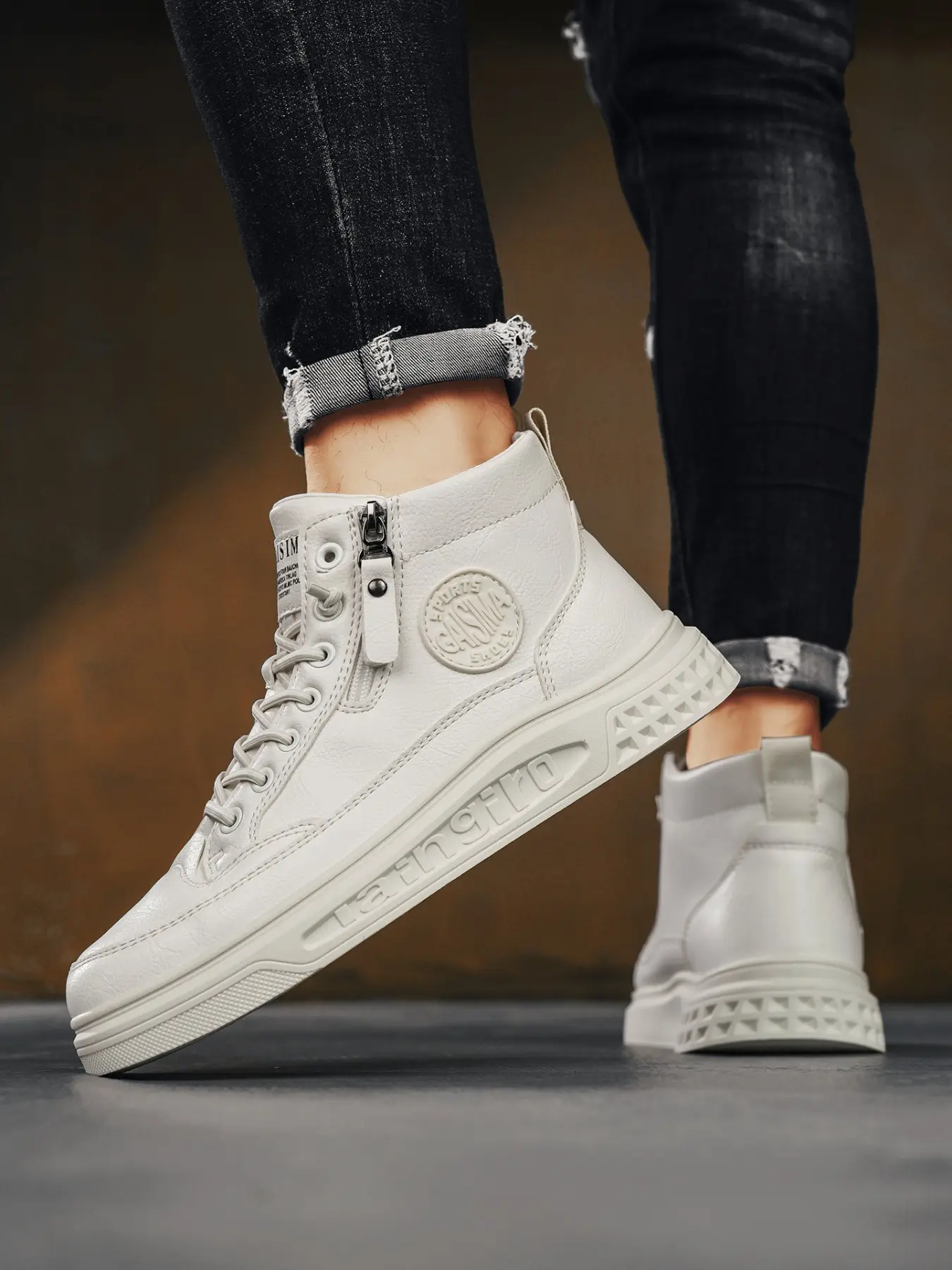 Men's Solid Color High Top Sneakers with Zipper Decor, Comfortable Lining, Outdoor Sports Shoes, Casual Daily Wear, Athletic Sneakers