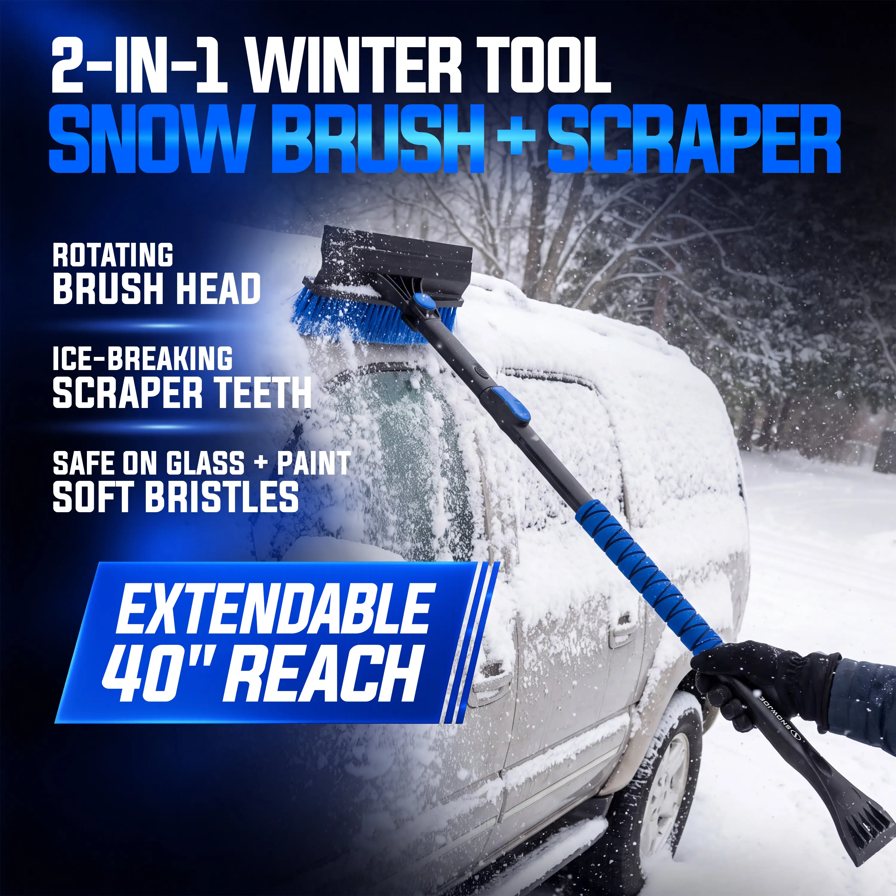 Snow Joe Telescopic Snow Removal Brush with De-icing Shovel, 40-Inch Telescopic Arm, Ergonomic Brush Head, Adjustable Reach