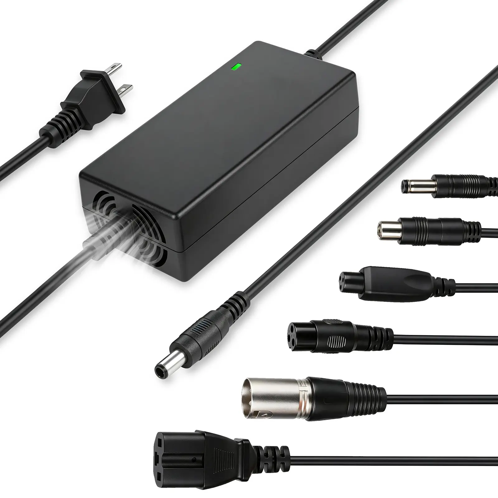 KUNLUN Plastic Power Adapter for 48V 13S Li-ion Ebike Batteries, 54.6V 2A, 7 Interchangeable Tips, Cooling Fan, LED Indicator, 8.2ft Long Cord, Black - Scooter & Bike Accessories