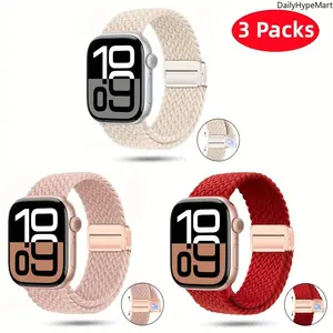 3-Pack Stylish Magnetic Buckle Braided Nylon Watch Bands, Elastic Solo Loop Tech Accessories for Apple Watch 38-49mm Series 1-10 SE Ultra/Ultra 2 Fashion Accessories