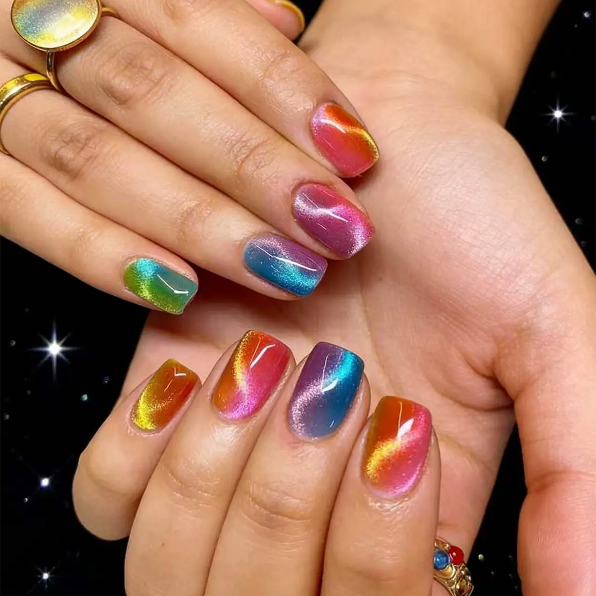 24pcs Short Square Rainbow Cat Eye Press-On Nails, Y2K Style Gradient Fake Nails, Decorative Nails, Summer Party DIY Nail Art Kit with Jelly Glue and File, Nail Design