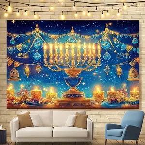 1pc Hanukkah Celebration Photography Backdrop - Enchanting Golden Candlestick and Festive Decor, Easy to Hang, Ideal for Studio or Home Holiday Photos, Celebration Background|Ornate Candelabrum Design Banners Ornaments