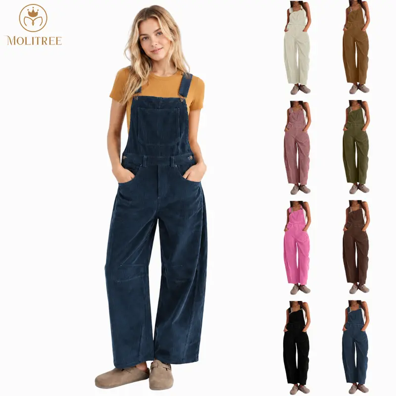 Molitree Women's Corduroy Overalls - Cute V-Back Adjustable Romper Jumpsuit with Patch Pockets, Barrel Wide Leg Bib Pants, Basic Minimalist Fitted Clothes for Women (Brown, Navy),sohochic