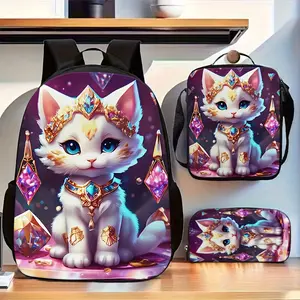 Three-Piece Set of Cat Print Backpacks for Both Teenager And Teenager - Includes a Shoulder Bag And a Pencil Case., For Teenager, For Teenager