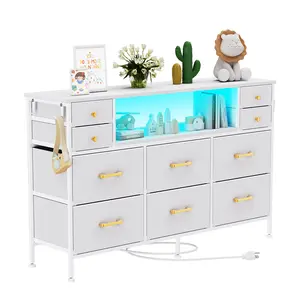 Dresser for Bedroom with LED Lights & Charging Station, 10 Drawer Fabric Dresser TV Stand for 32-55 inch TV, Chest of Drawers with Wood Top & Side Pockets for Living Room, Hallway, Closet Organizer, White