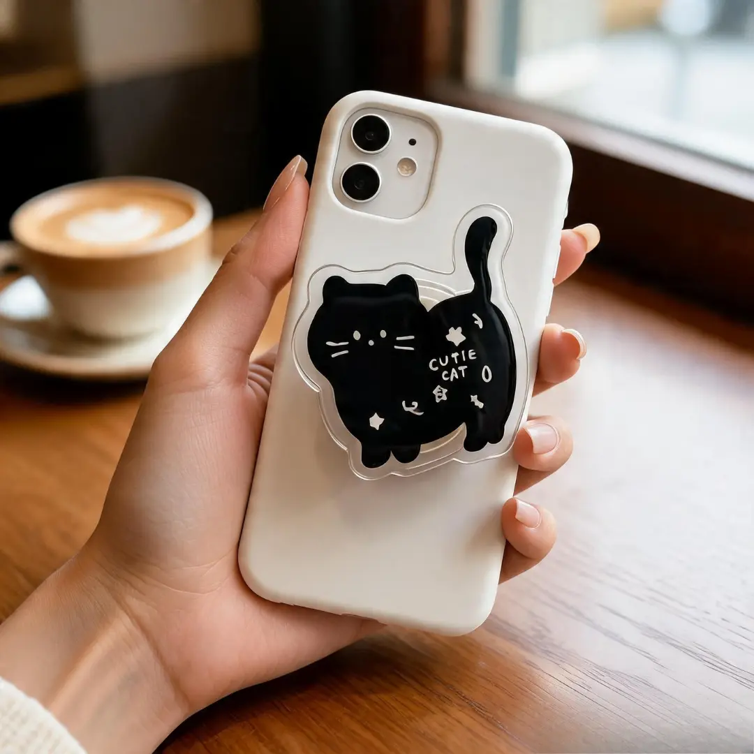 Cute Black Cat Phone Grip Kawaii Cutie Cat Minimalist Collapsible Phone Holder Stand Finger Grip for iPhone Samsung Cat Lover Gift