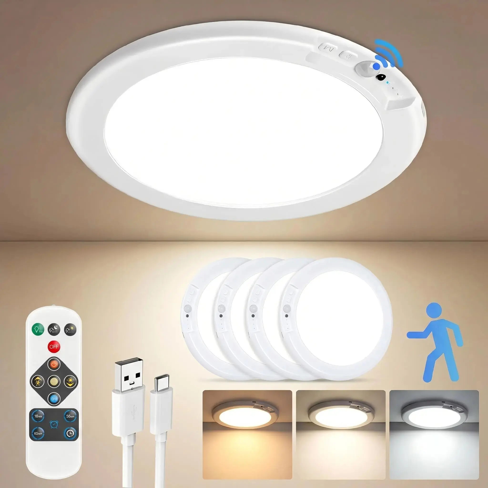 Rechargeable Motion Sensor Ceiling Lamp - Magnetic Wireless Battery-Powered Multifunctional Lighting with Remote, Auto Shut-Off, 3 color temperatures and dimmable Ceiling-Mounted for Closet, Stairs, Rechargeable Lamp,Gift for Moving House