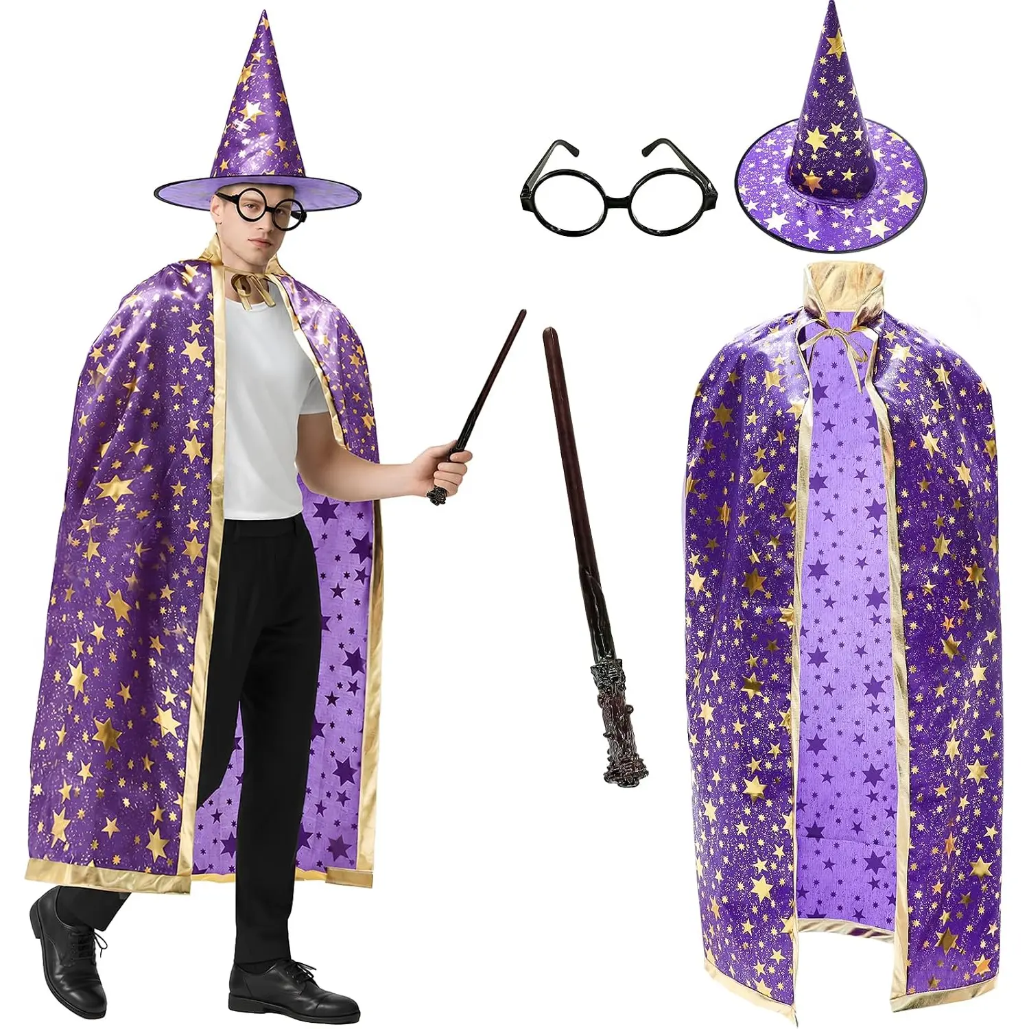 4 Pack Halloween Costume Wizard Cape , Wizard Hat, Wand and Round Glasses