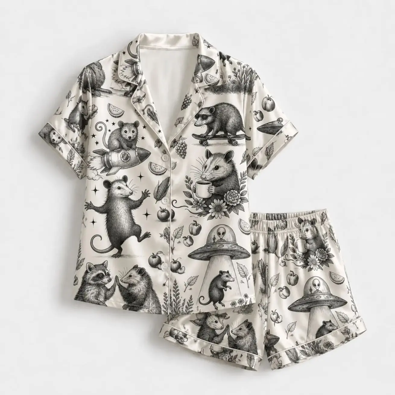 Cream Whimsical Opossum Satin Pajama Set, Ivory Graphic Raccoon Loungewear Sleepwear Collection Nightwear