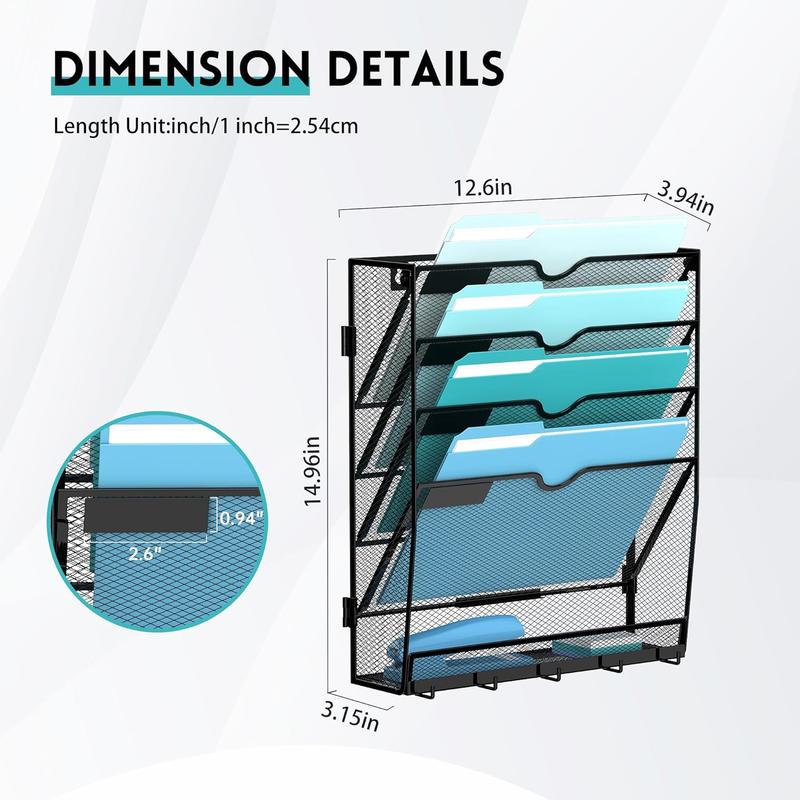 F-SBB52  Wall File Organizer with 5 Hooks 5 Tier Hanging File Organizer, Vertical Wall Mount Mail Organizer for Papers, Folders, Magazines, Bills, Office&School Organization, Black