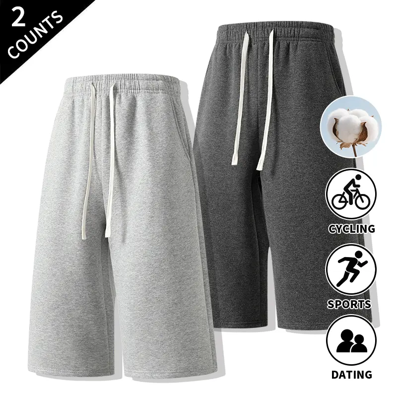 Men’s 2-Pack Three-Quarter Length Sweat Shorts, Drawstring Elastic Waistband, Loose Fit, Casual Athletic Lounge Training Shorts