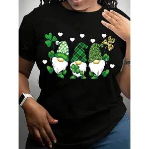Adorable Floral Gnome Design Women'S T-Shirt in Plus Sizes, Featuring a Soft, Breathable Fabric with a Casual Round Neck And Short Sleeves