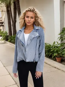 RED MARINE Women's Slim Fit Denim Jacket with Asymmetrical Zipper and Fringe - Stylish and Trendy Outerwear Womenswear Coats vest jacket