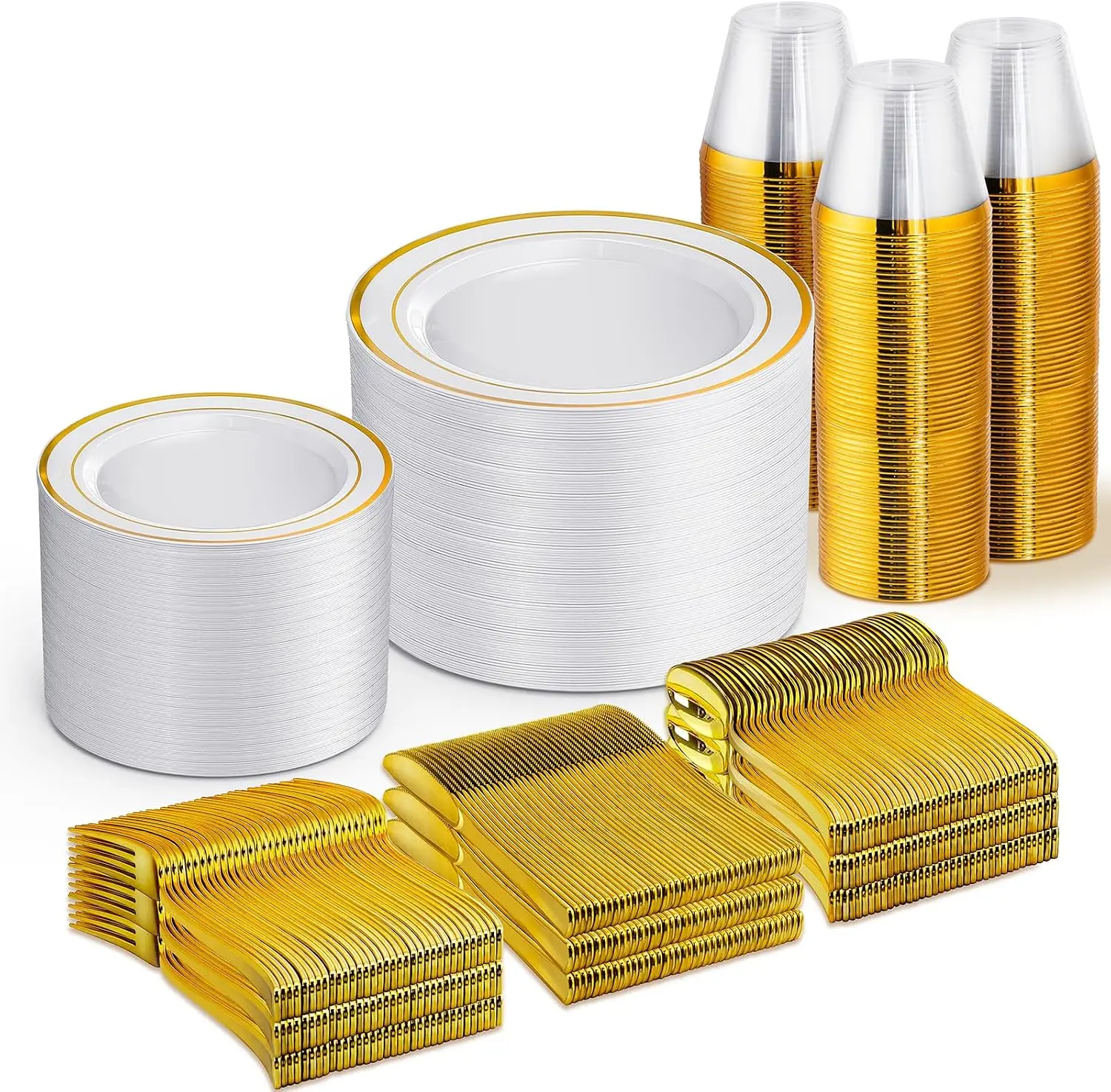 WELLIFE Luxury 600 PCS Gold & White Disposable Dinnerware Set for 100 Guests - Gold-Rimmed White Plastic Plates, Cups, Forks, Knives, Spoons for Weddings, Elegant Events