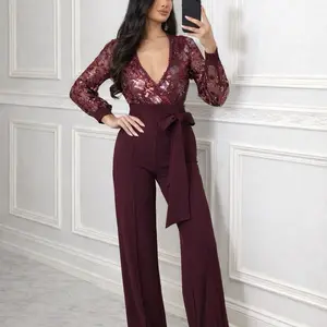 V11-259  Luxury Sequin Flower Print Jumpsuit strech with High-Waisted Wide-Leg Pants and Long Sleeves
