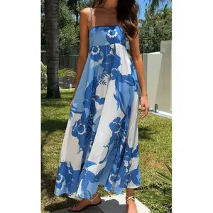 Women Boho Maxi Dress Smocked Wedding Guest Long Flowy Dresses Spaghetti Strap Floral Ruffle Swing Sundress