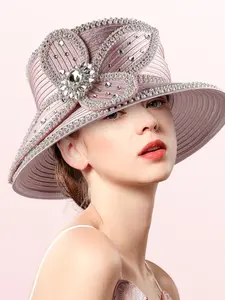 Elegant Women's Church Hat, Vintage Satin Rhinestone Bridal Hat, Party Tea Derby Hat, Sun Protection Wide Brim Hat, Sunday Church Hat