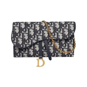 Dior Saddle Oblique Monogram Chain Strap Cardholder Wallet in Calfskin, Detachable Mini Bag, Women's Denim Blue