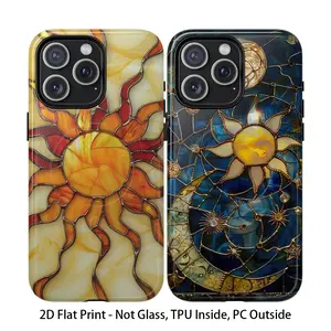 Yellow Gold Sun Stained Glass Printed Tough Phone Case for iPhone 16/15/14/13/12/11/X/Xs/Xr/8 Dual-Layer Defense Wireless Charging Ready Celestial Stars Print Fashion Trendy High Quality Design Accessories TPU & PC Material