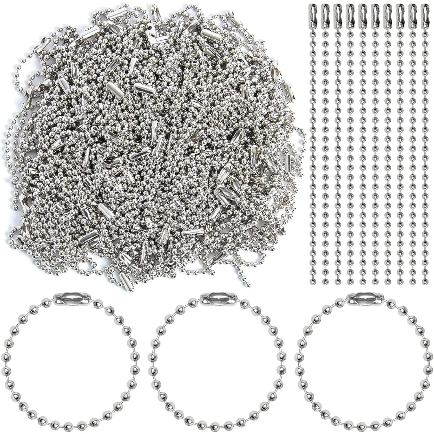200 count 100 mm Long Bead Connector Clasp Ball Chains  Tag  Ball Chain 2.4 mm Diameter Adjustable Antiqued Metal Bead Steel Chain