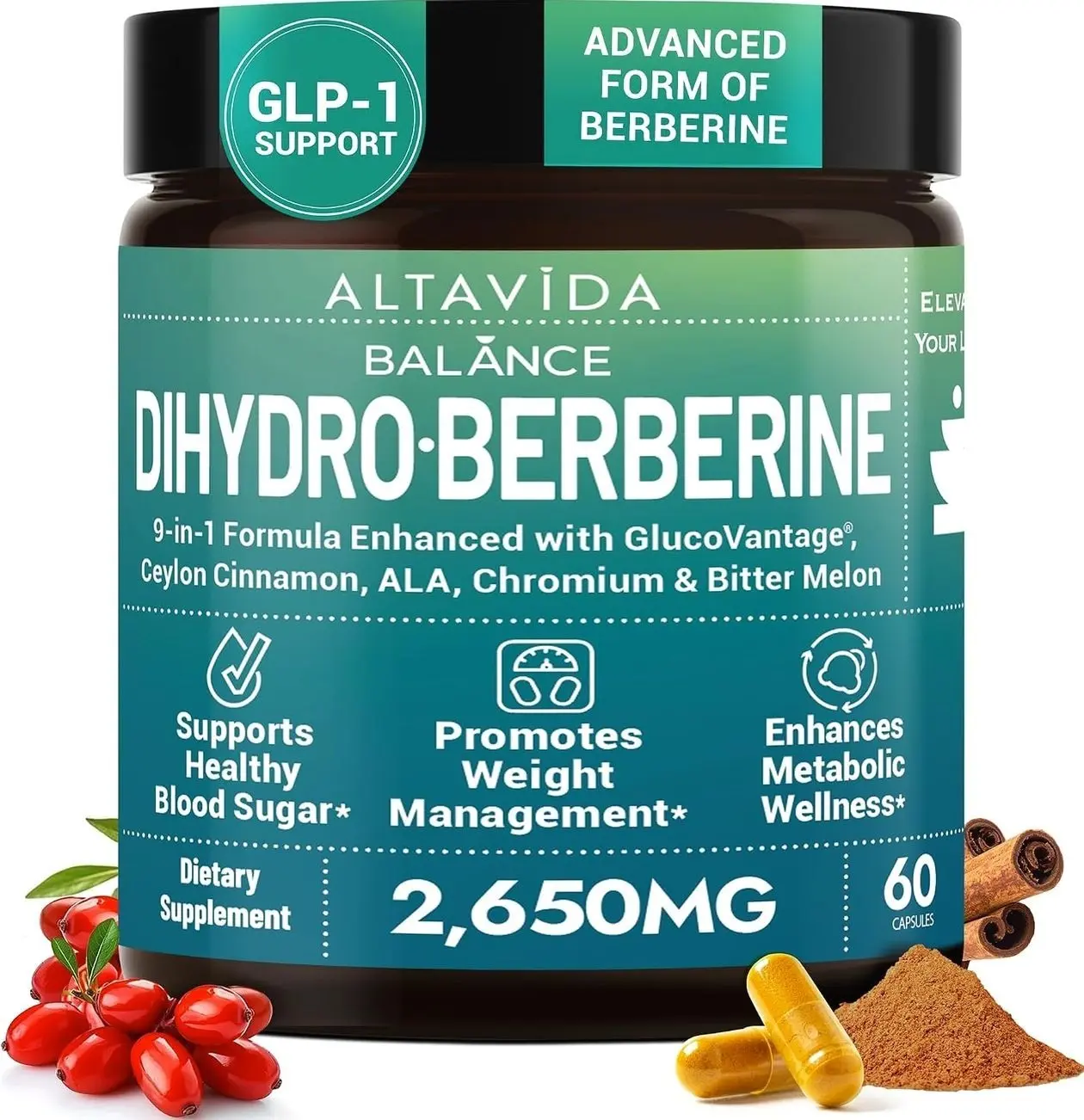 Dihydroberberine Super Berberine Supplement with Ceylon Cinnamon and Alpha Lipoic Acid - GlucoVantage 250mg - 5x Enhanced Bioavailability Over Berberine HCL - Metabolic & Wellness Support - 60 Caps