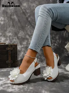 2026 New Retro Flower Chunky Block Heel Platform Sandals for Women, Peep Toe Slingback Summer Heels, Plus Size Casual Footwear, Black & White