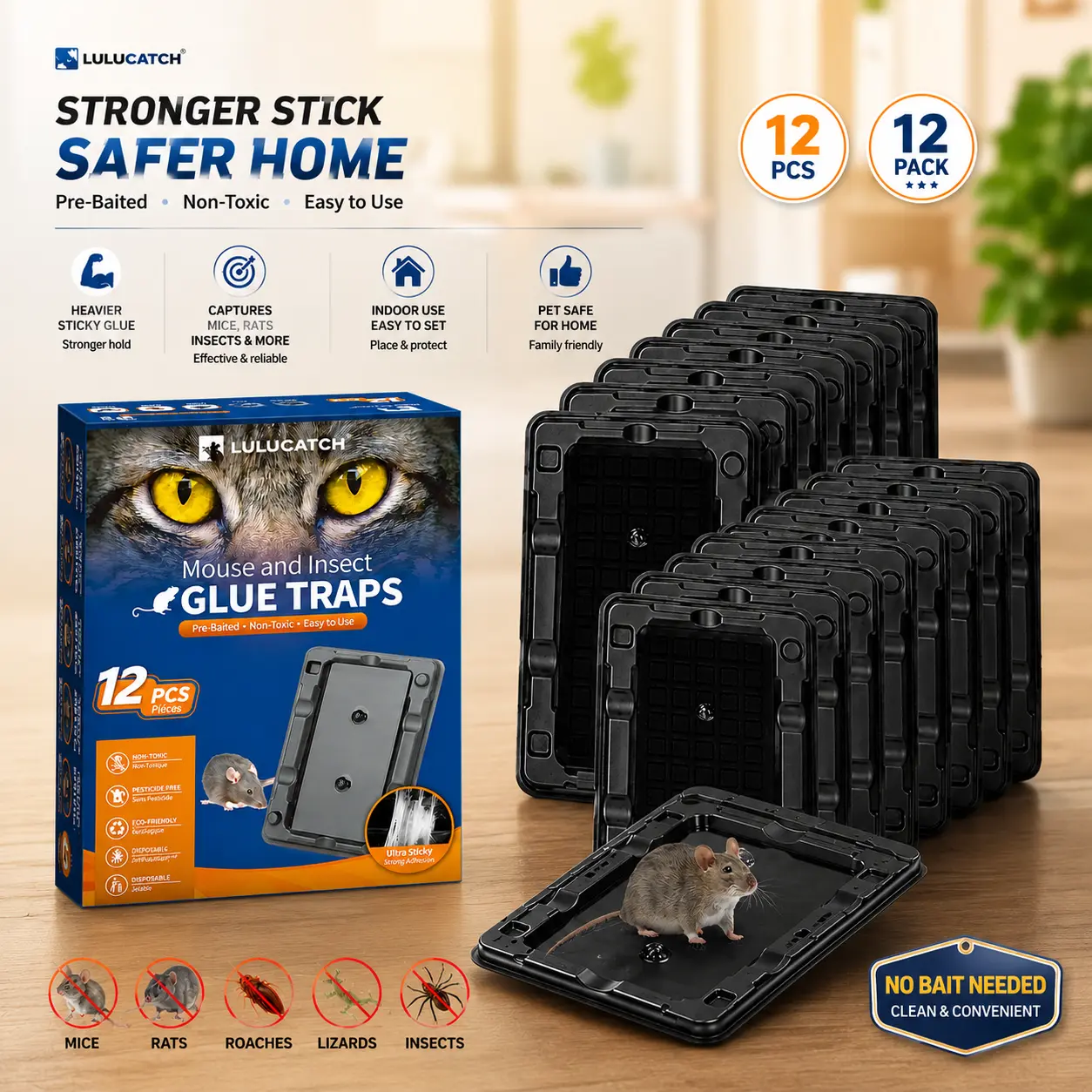 LULUCATCH Mouse Traps, 12 Pack Sticky Mouse Traps Indoor for Home, Pre-Baited Non-Toxic Bulk Glue Traps for Rats, Mice, Roach, Lizards, Pet Safe for Home & Garage, Easy to Use