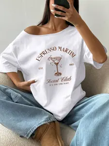 Espresso Martini Social Club Graphic T-Shirt, Oversized Off Shoulder Retro Cocktail Casual Tee, Vintage 1983 Print Tshirt for Women, Comfy Summer Daily Wear Graphic Tee, Y2K Streetwear Coffee Lover Shirt Top, Casual Everyday Tops