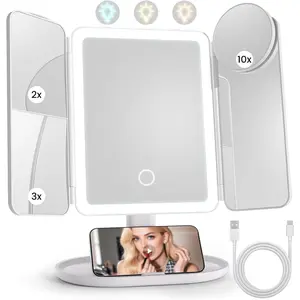 Lighted Makeup  Mirror, Height Adjustable Trifold Mirror with Seamless Light Strip, 1X/2X/3X/10X Magnification, 2000mAh Rechargeable Desk Mirror, Dimmable 3 Color Lighting, Gifts for Mom Women
