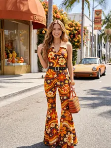 RETRO STAGE Women's Fitted Sleeveless Bohemian 1970s Orange Floral Print Patchwork Halter Overalls
