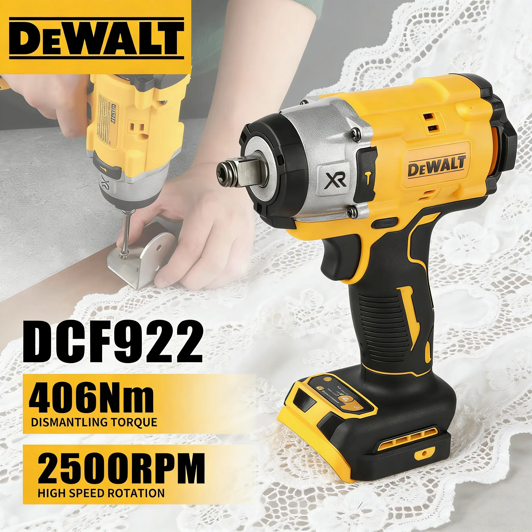 DEWALT DCF922 ATOMIC 20V MAX Brushless 1/2-Inch Impact Wrench Kit With 450Ft-Lbs Breakaway And 300Ft-Lbs Fastening Torque For Auto Repair And Tire Replacement cordless power tool set speed