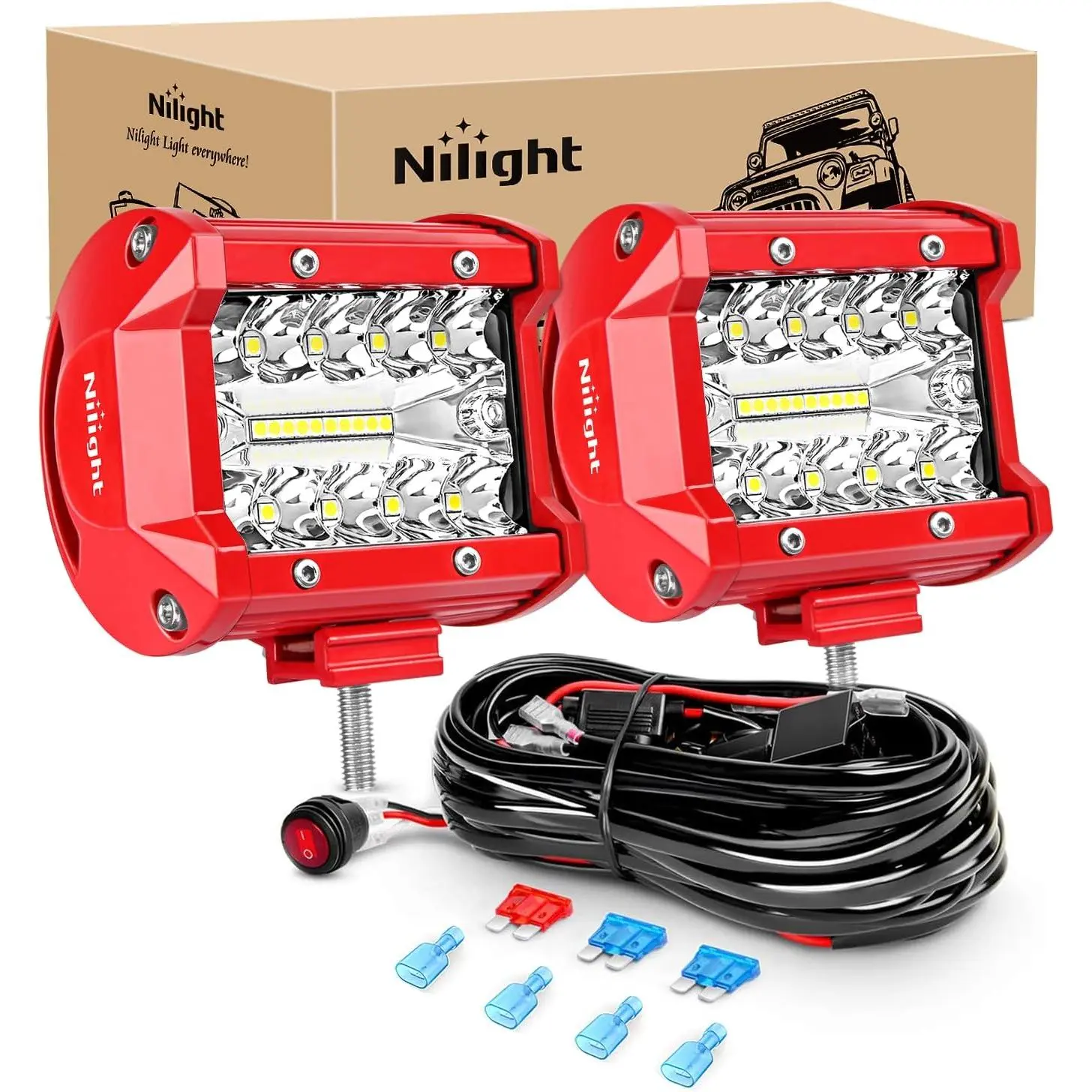 Nilight 2PCS 4In 60W Aluminum Triple Row Spot-Flood Combo LED Light Bars - Bracket Mount Off-Road Lighting, Wiring Kit Included, Heavy Duty Vehicle Exterior Lights with Wide-Spread Illumination for ATV, Tractor, SUV, 2Pcs 60W 4Inch Led Light Bars